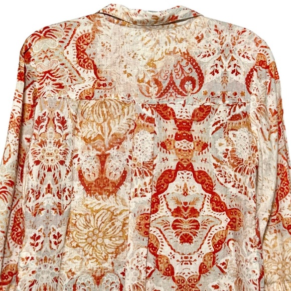 Chico’s 100% Linen Button Down Front Split 3/4 Sleeve Collared Orange Print Top - Picture 9 of 15